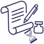 Ilustración de un pergamino con líneas de texto, un lápiz, un tintero y un reloj de arena