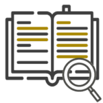Icono de un libro abierto con datos y una lupa