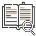 Icono de un libro abierto con datos y una lupa